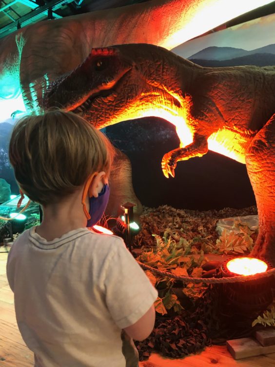 Myron in front of animatronic dinosaur